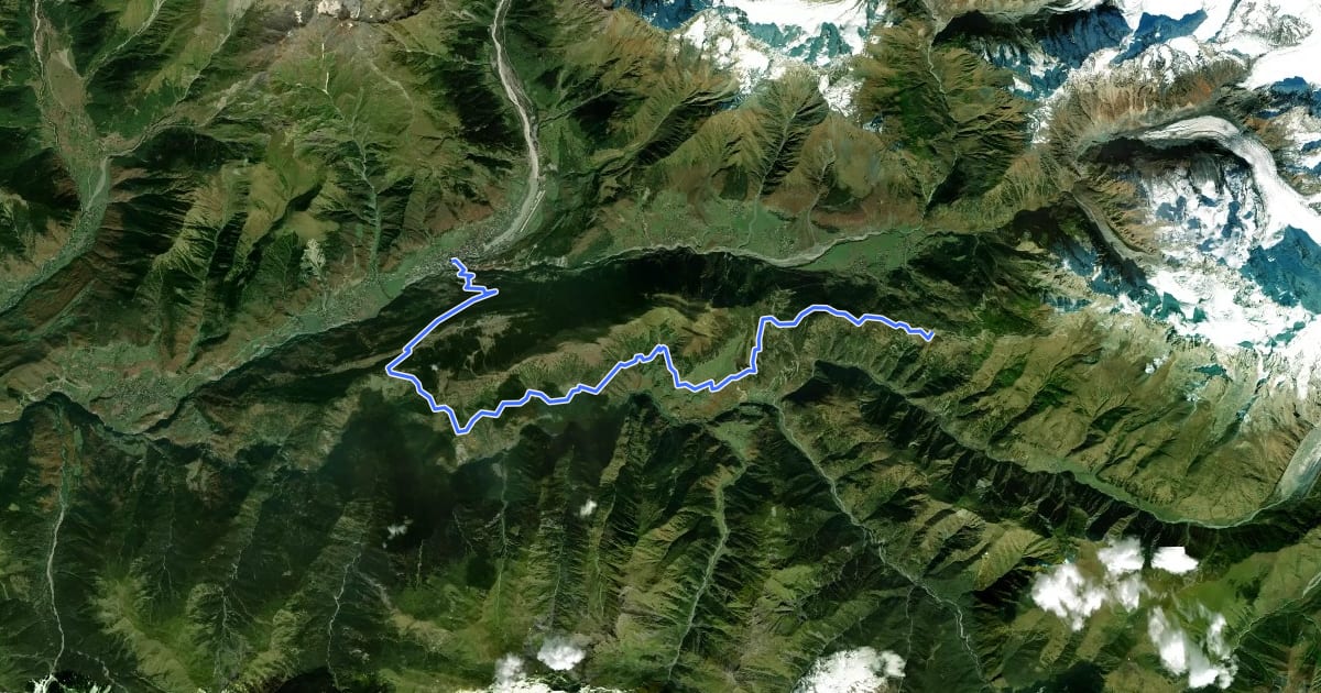 Маршрут Mestia - Heshkili - Ieli - Tsvirmi - Tetnuldi Ski Lift на спутниковом снимке