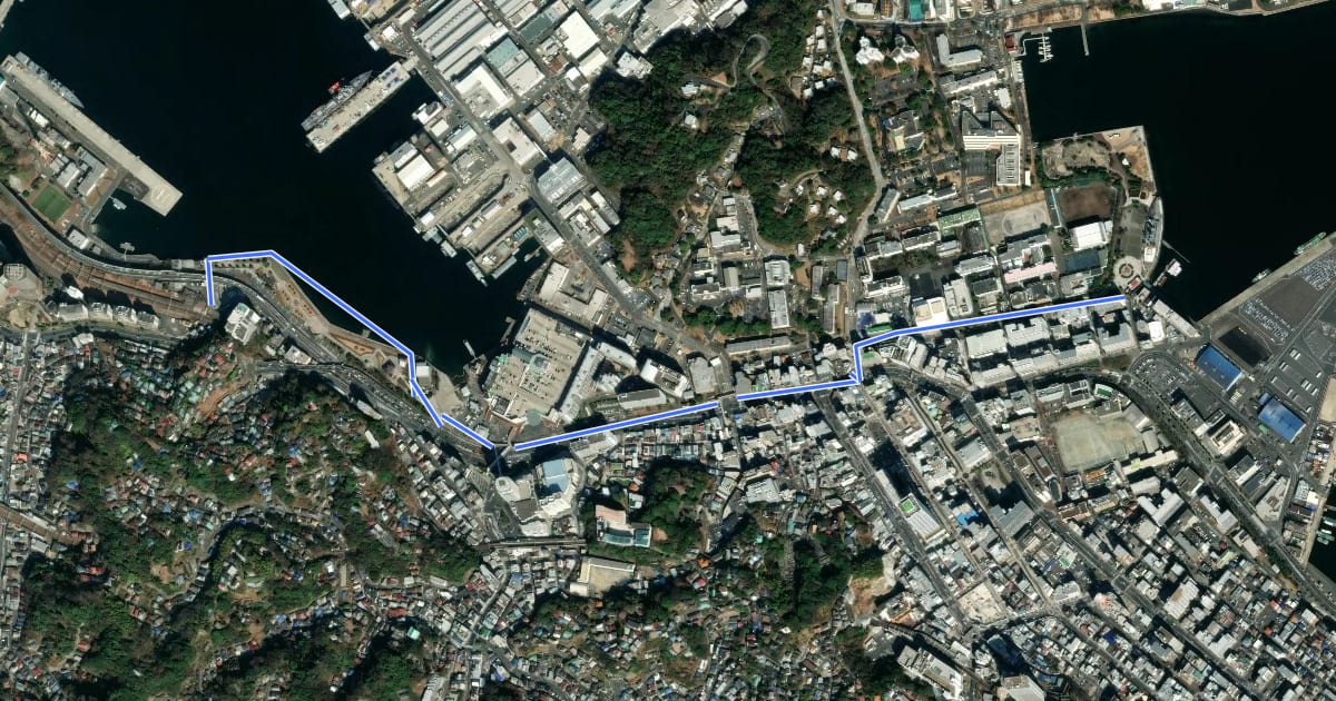 Маршрут うみかぜの路(海と緑の10,000mプロムナード) 歴史とショッピングの道 на спутниковом снимке