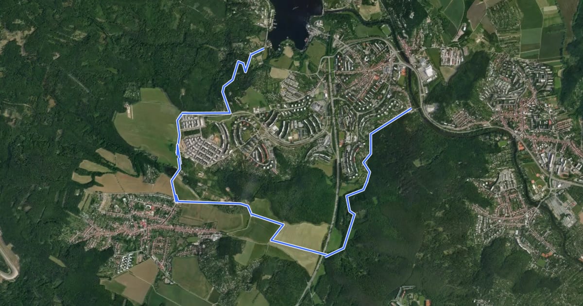 Маршрут 1B (Rakovec - Žebětín - Bystrc, Letná) на спутниковом снимке
