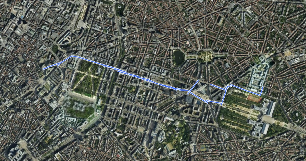 Маршрут 2 Centre/Centrum - Cinquantenaire / Jubelpark на спутниковом снимке
