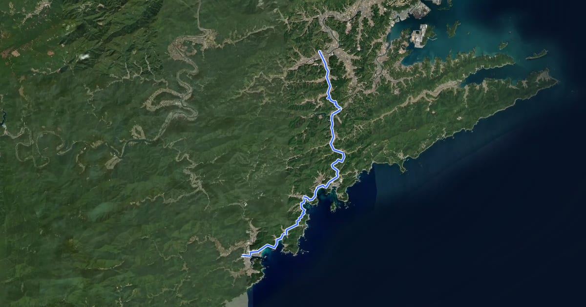 Маршрут 四国遍路 22番札所平等寺~23番札所薬王寺 на спутниковом снимке