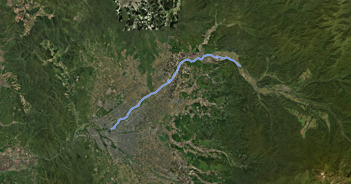 Маршрут 旭川層雲峡自転車道線 на спутниковом снимке