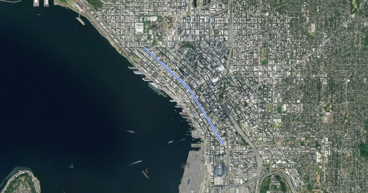 Маршрут 2nd Avenue Cycletrack на спутниковом снимке