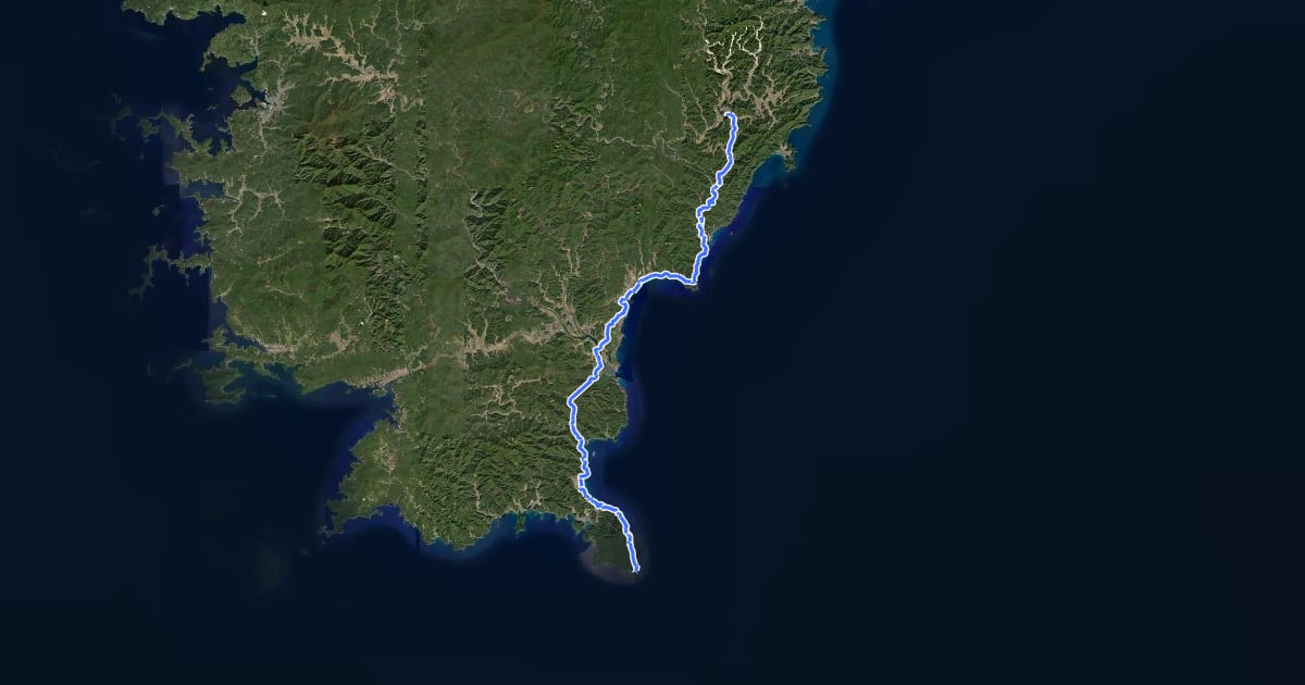 Маршрут 四国遍路 37番札所岩本寺~38番札所金剛福寺 на спутниковом снимке