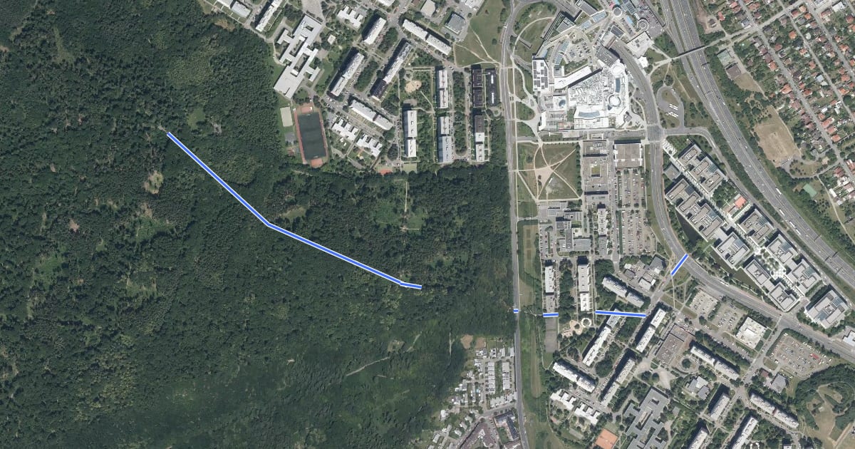 Маршрут A22, Kunratický potok - neproznačená část на спутниковом снимке