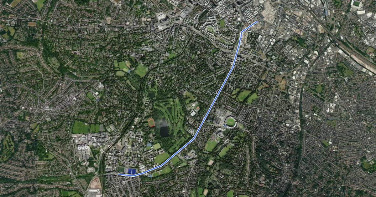 Маршрут A38 Bristol Road Cycleway на спутниковом снимке