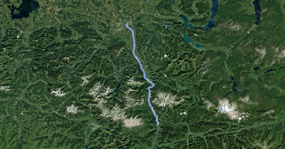 Маршрут Alpe Adria Radweg Etappe 1 на спутниковом снимке