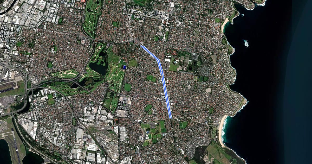 Маршрут Anzac Bikeway - Mid 'A' на спутниковом снимке