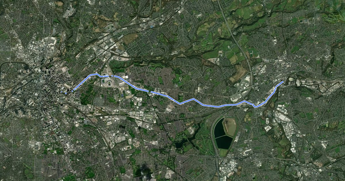 Маршрут Ashton Canal Cycleway на спутниковом снимке