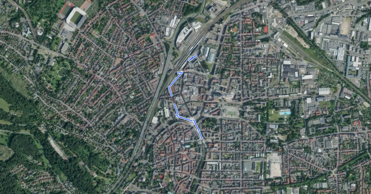Маршрут BahnRadRoute Hellweg-Weser (Zubringer Hauptbahnhof Bielefeld) на спутниковом снимке