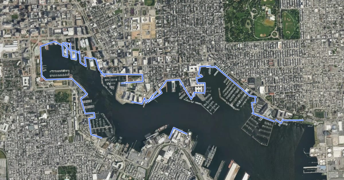 Маршрут Baltimore Waterfront Promenade на спутниковом снимке