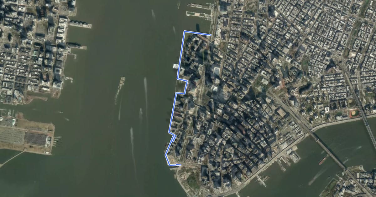 Маршрут Battery Park City Greenway на спутниковом снимке