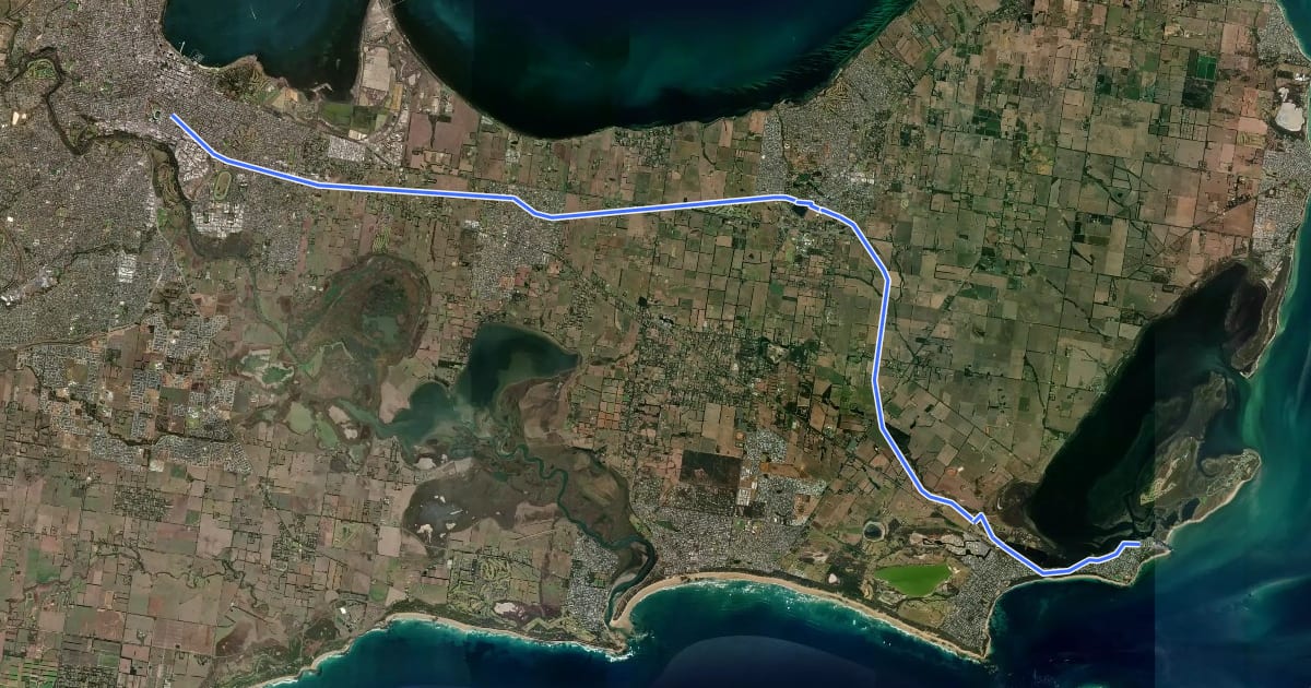 Маршрут Bellarine Rail Trail на спутниковом снимке
