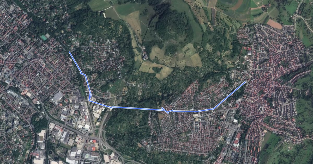 Маршрут blaues Dreieck Reutlingen Eningen на спутниковом снимке