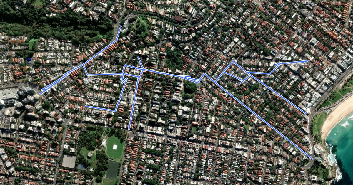 Маршрут Bondi Junction - Bondi (Backstreets) на спутниковом снимке