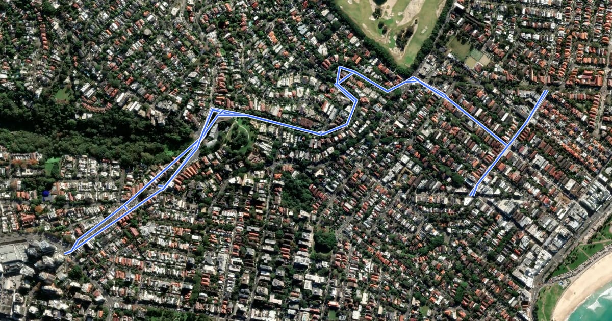 Маршрут Bondi Junction - Bondi (Birriga Road) на спутниковом снимке