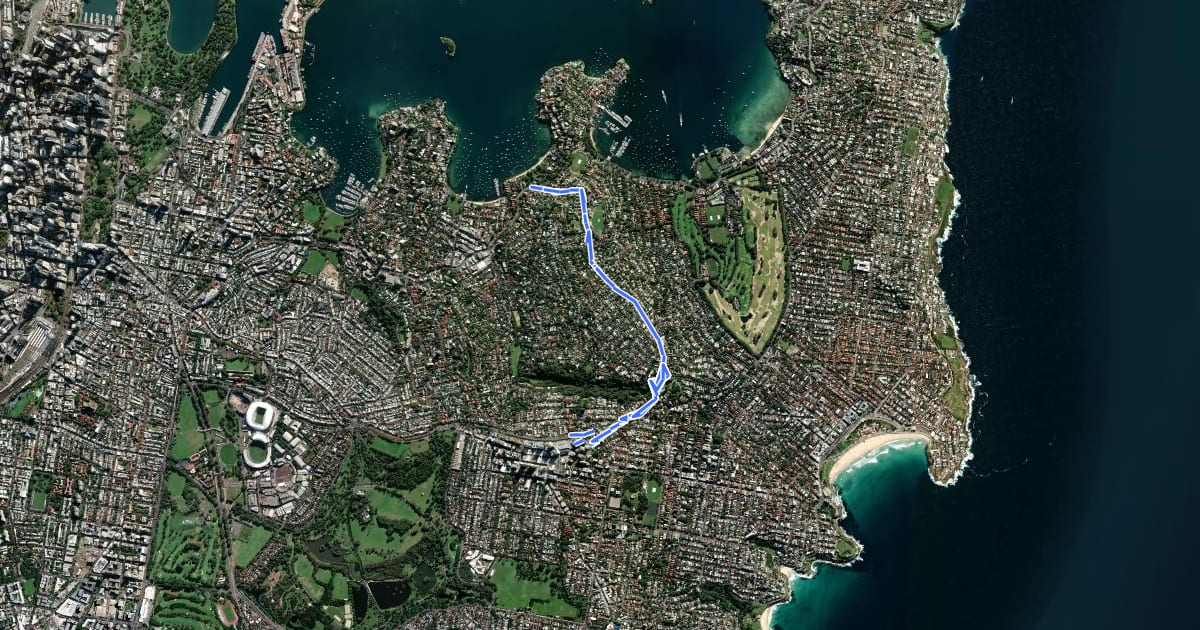 Маршрут Bondi Junction - Point Piper на спутниковом снимке