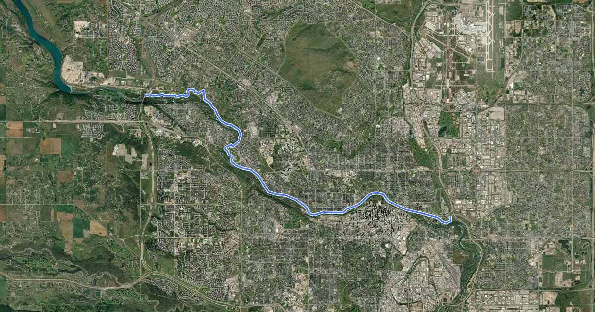 Маршрут Bow River Valley Pathway (North) на спутниковом снимке