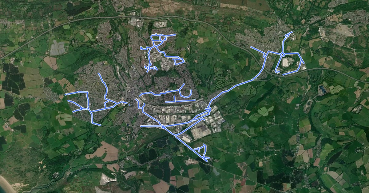 Маршрут Bridgend Active Travel Newtwork на спутниковом снимке
