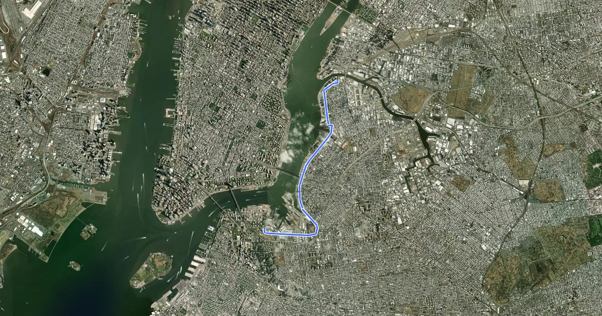 Маршрут Brooklyn Waterfront Greenway на спутниковом снимке