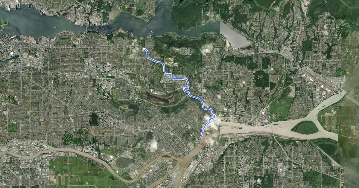 Маршрут Brunette-Fraser Regional Greenway на спутниковом снимке