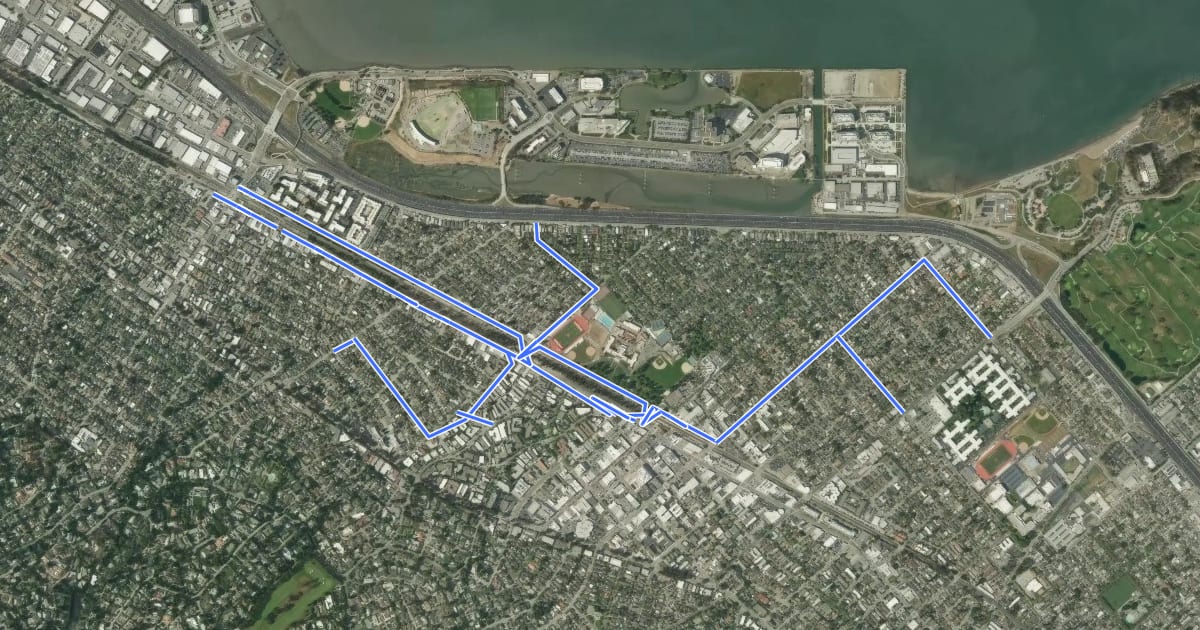 Маршрут Burlingame Bicycle Routes на спутниковом снимке