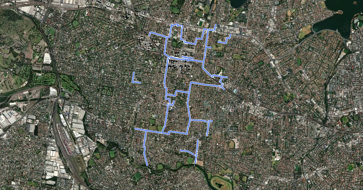 Маршрут Burwood Council local cycle routes на спутниковом снимке