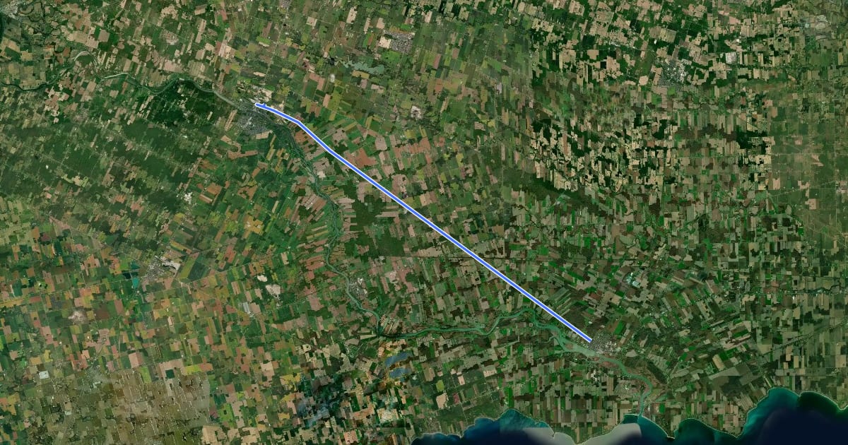 Маршрут Caledonia-to-Dunnville Rail Trail на спутниковом снимке