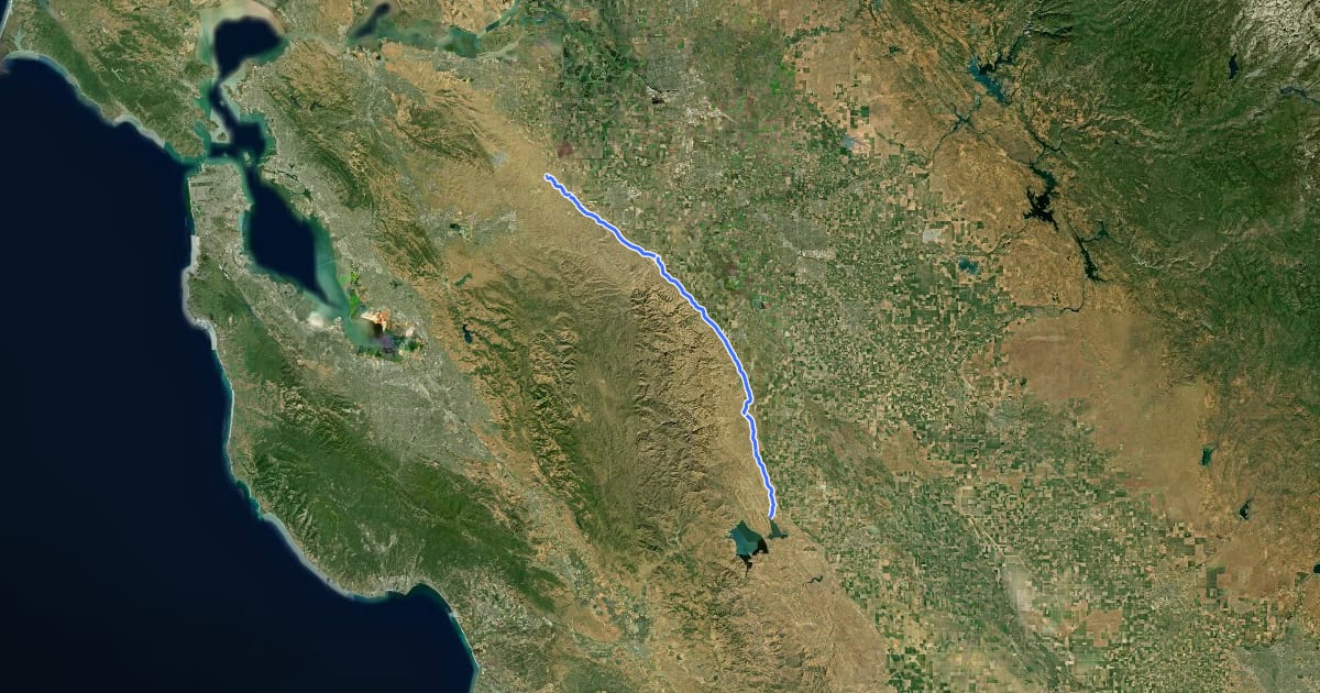 Маршрут California Aqueduct Bikeway на спутниковом снимке