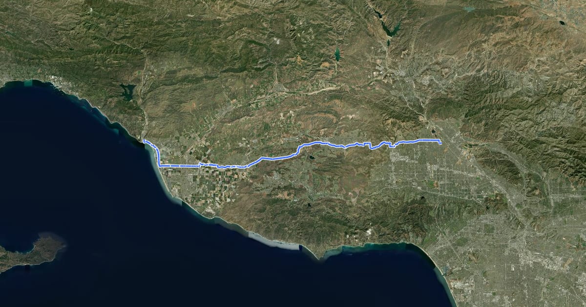 Маршрут California Mission Trail - stage 05 Mission San Fernando, Rey de Espana to Mission San Buenaventura, Ventura на спутниковом снимке