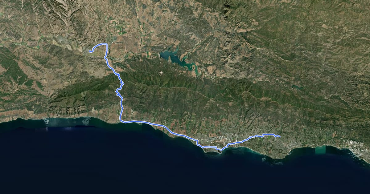 Маршрут California Mission Trail - stage 07 Mission Santa Barbara to Mission Santa Inés на спутниковом снимке