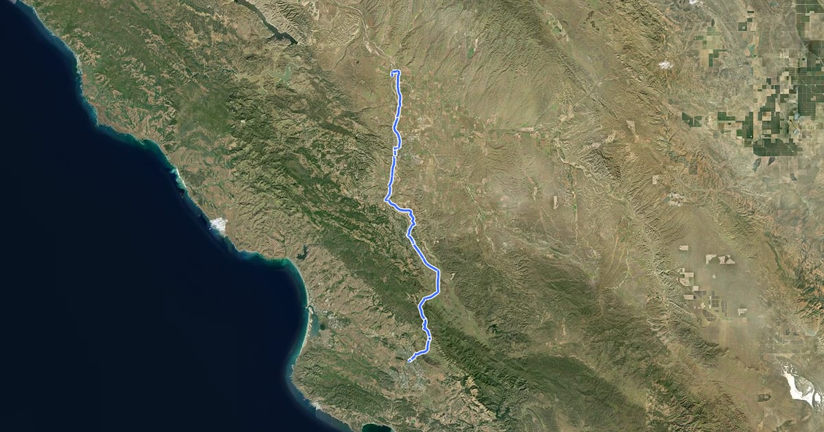 Маршрут Calisfornia Mission Trail - stage 10 Mission San Luis Obispo de Tolosa to Mission San Miguel Arcangel на спутниковом снимке