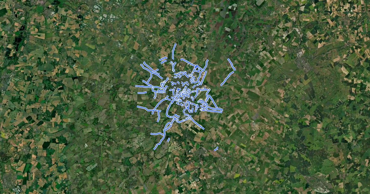 Маршрут Cambridge secondary cycle network на спутниковом снимке
