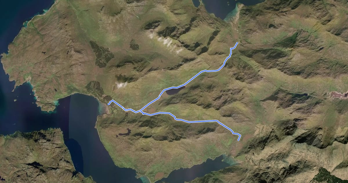 Маршрут Cape-Wrath-Trail (Carnach → Inverie → Barisdale) на спутниковом снимке