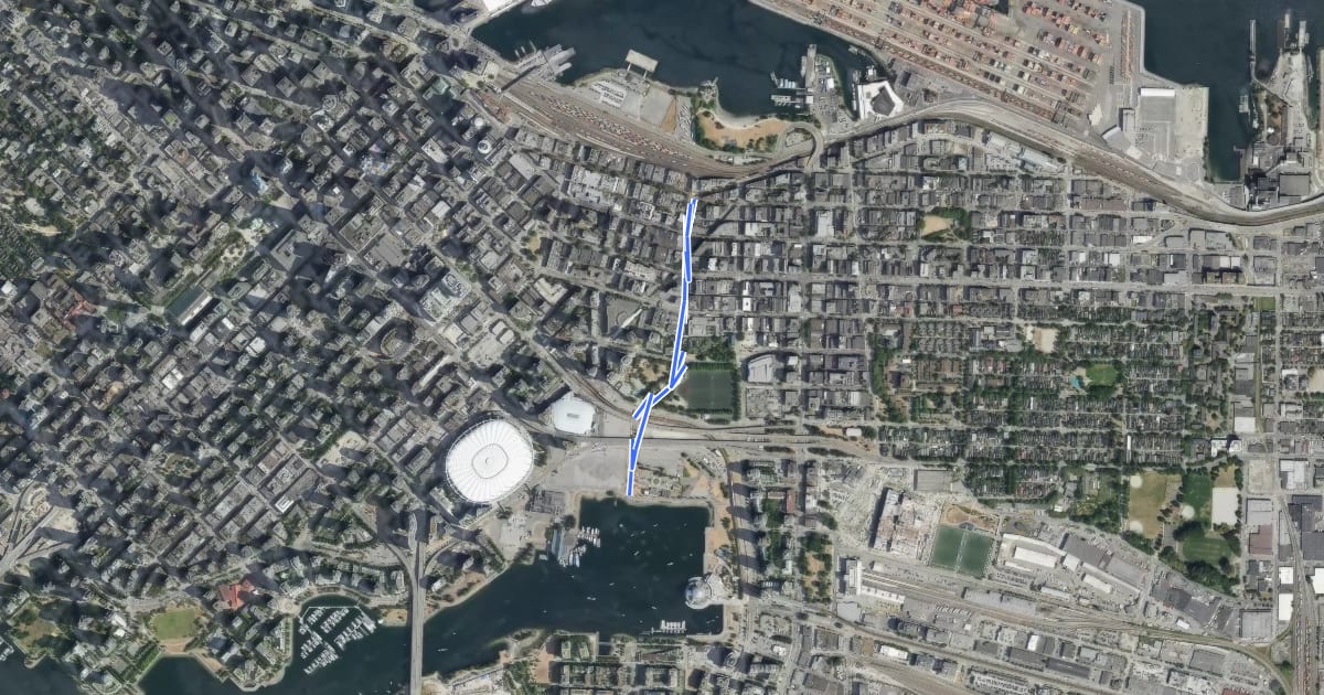 Маршрут Carrall Greenway на спутниковом снимке