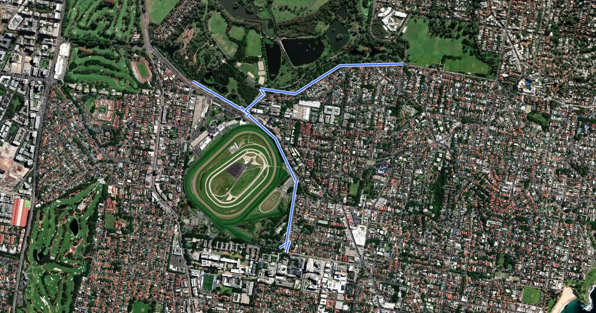 Маршрут Central - Randwick - South Coogee на спутниковом снимке
