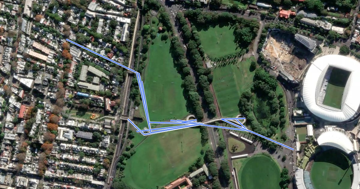 Маршрут Central to Moore Park на спутниковом снимке