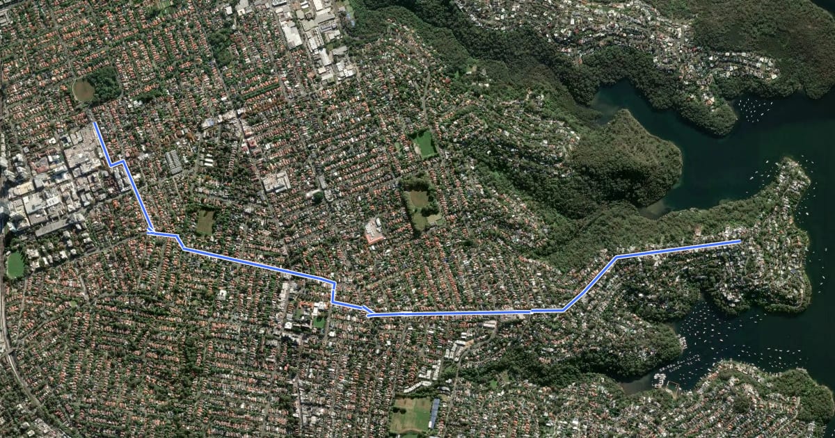 Маршрут Chatswood - Castlecrag на спутниковом снимке