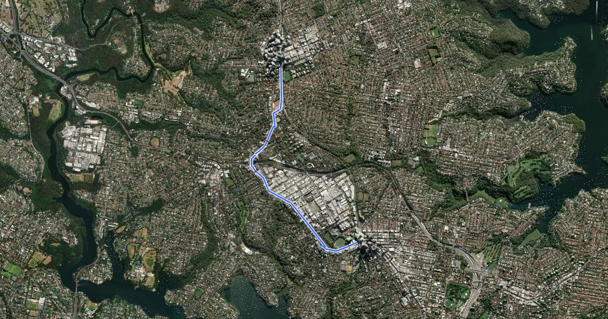 Маршрут Chatswood - St Leonards на спутниковом снимке