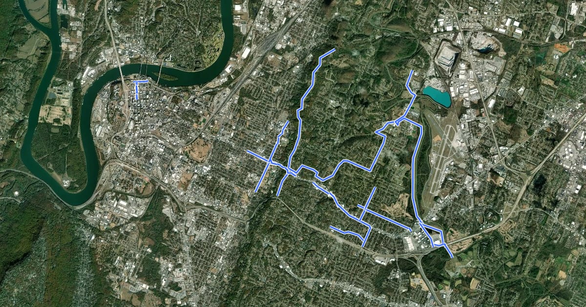Маршрут Chattanooga Bicycle Transit System на спутниковом снимке