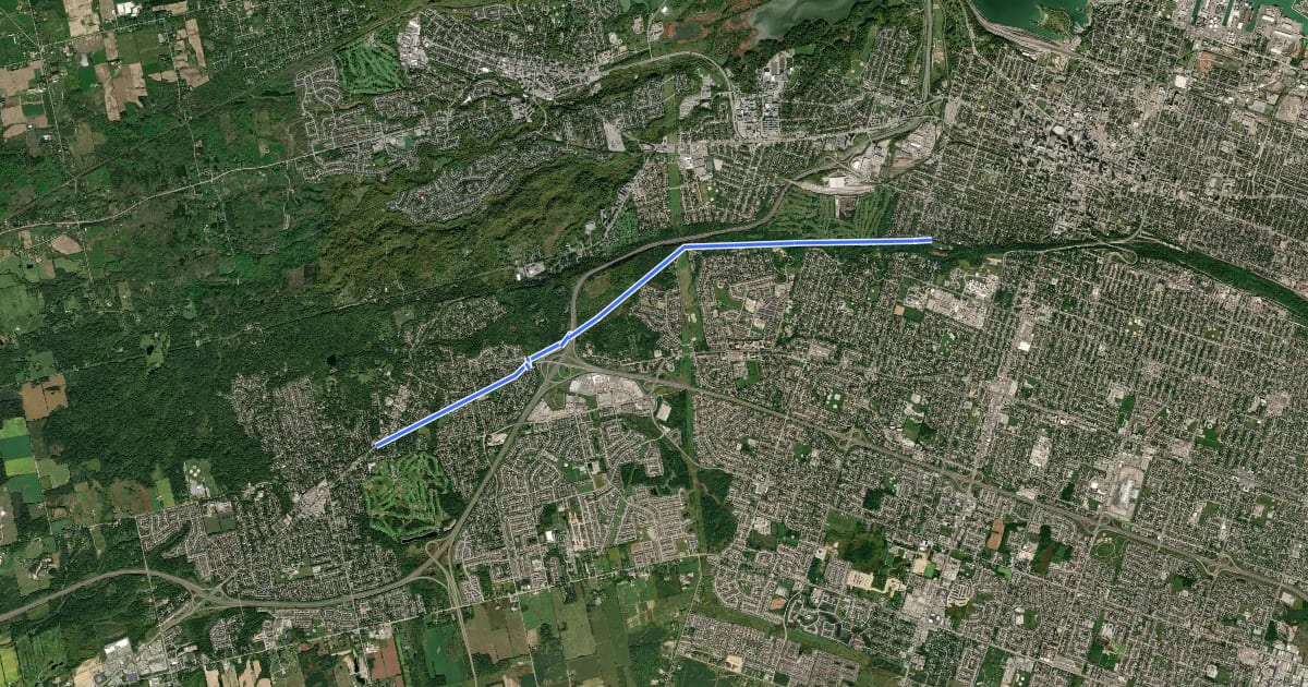 Маршрут Chedoke Rail Trail/Radial Trail на спутниковом снимке