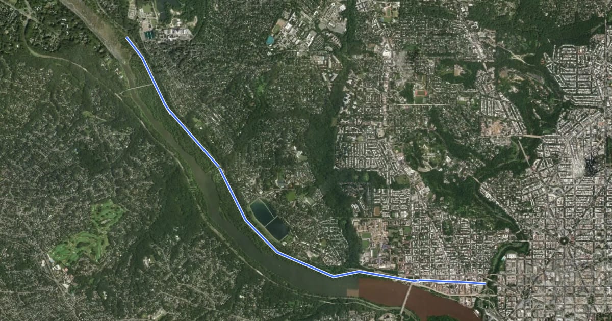 Маршрут Chesapeake & Ohio Canal Trail (DC) на спутниковом снимке