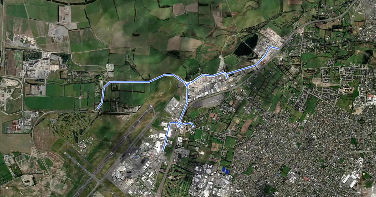 Маршрут Christchurch Airport Shared Path на спутниковом снимке
