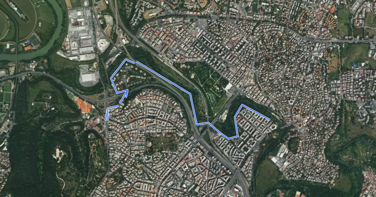 Маршрут Ciclabile DORSALE ANIENE (Ponte Milvio-Villa Ada-Ponte Nomentano) на спутниковом снимке