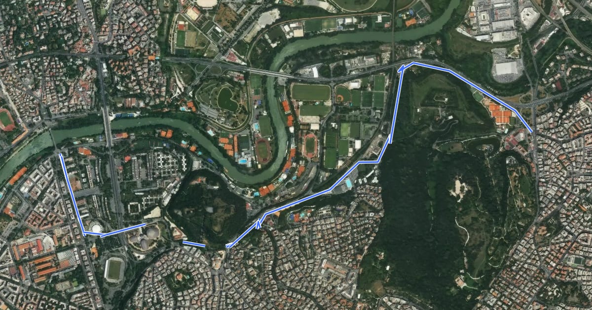 Маршрут Ciclabile DORSALE ANIENE (Ponte Milvio-Villa Ada-Ponte Nomentano) на спутниковом снимке