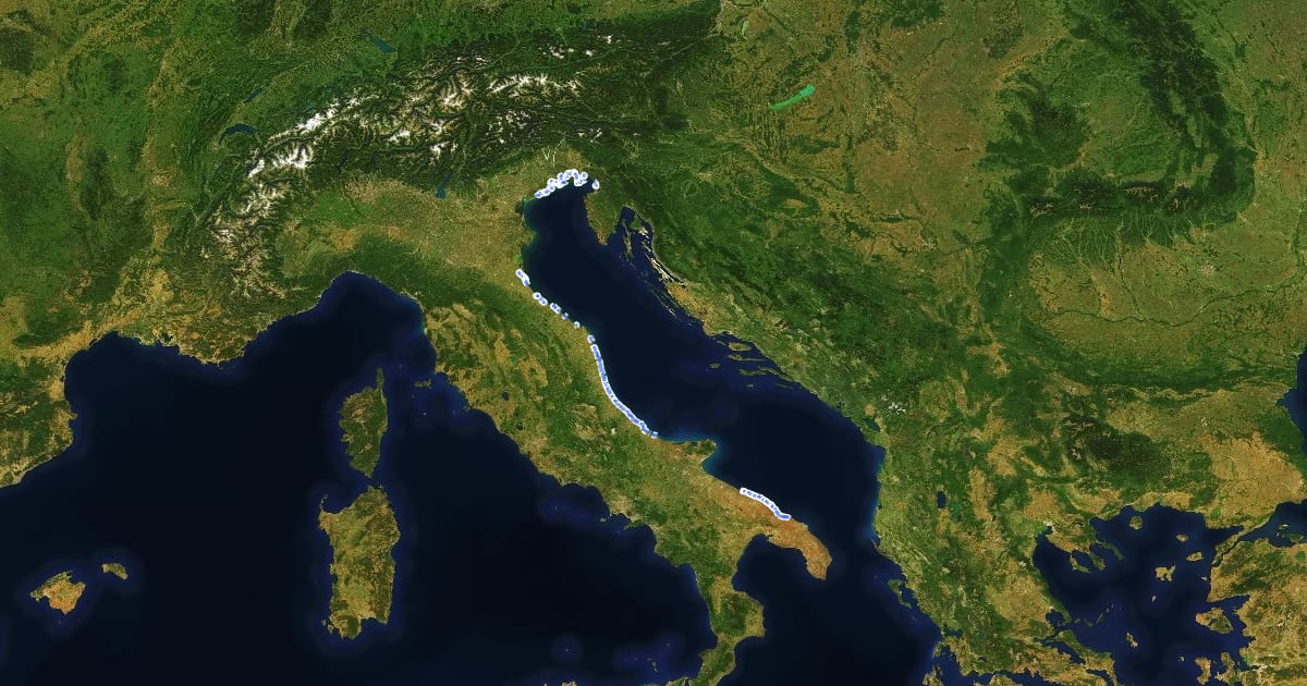 Маршрут Ciclovia Adriatica на спутниковом снимке