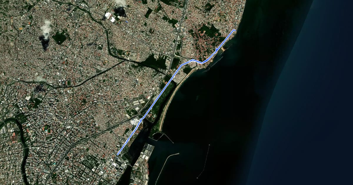 Маршрут Ciclovia Av. Cruz Cabugá/ Av. Olinda/ Rua do Sol/ Av. Santos Dumont/ Av. Sigismundo Gonçalves/ R. Dr. Farias N. Sobrinho на спутниковом снимке