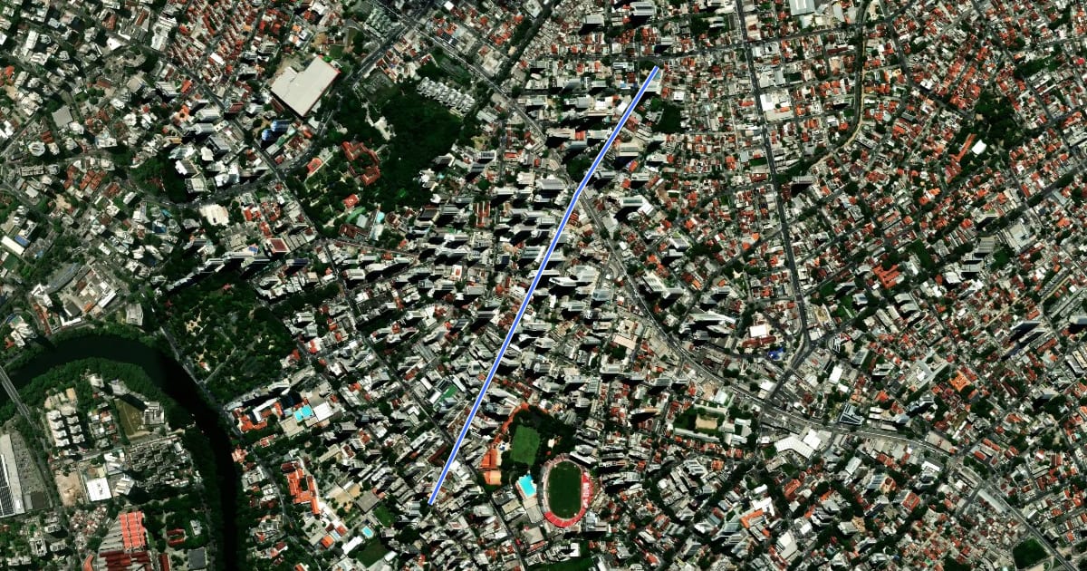 Маршрут Ciclovia Rua Paulino Gomes de Souza/ Av. Santos Dumont на спутниковом снимке