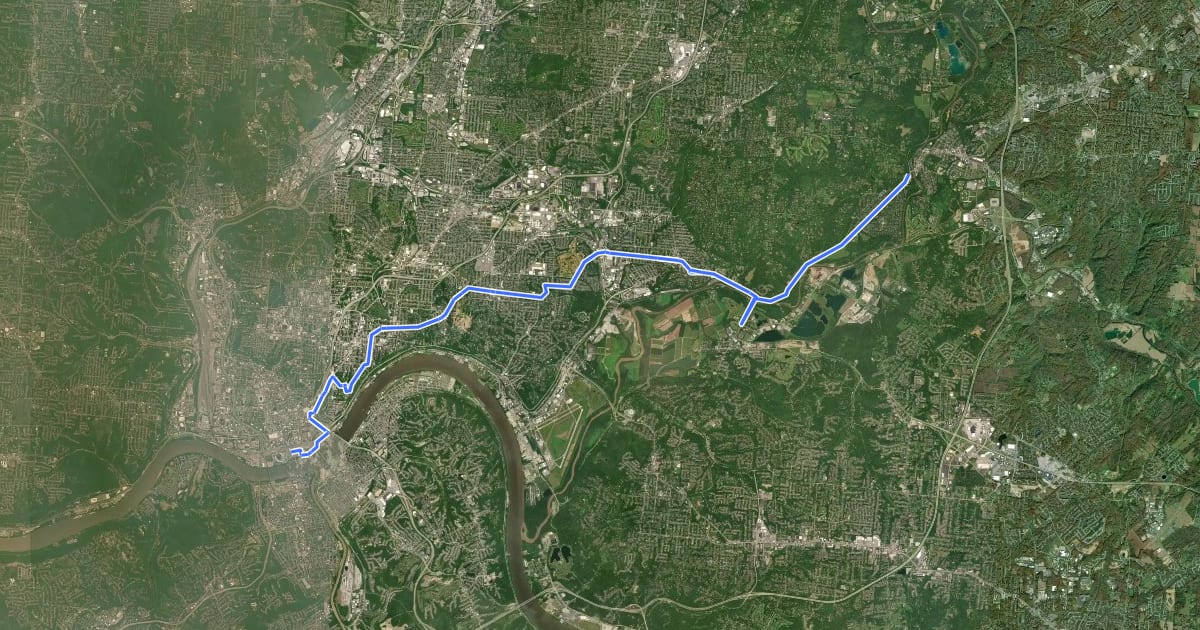 Маршрут Cincinnati Spur Underground Railroad Bicycle Route на спутниковом снимке