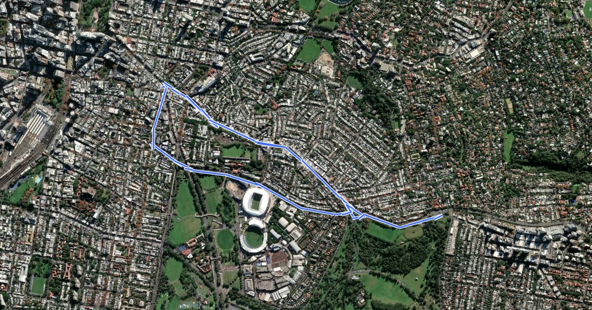 Маршрут City – Bondi Junction на спутниковом снимке